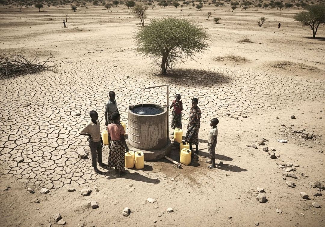 D&uuml;rre Landschaft, Menschen um einen Brunnen